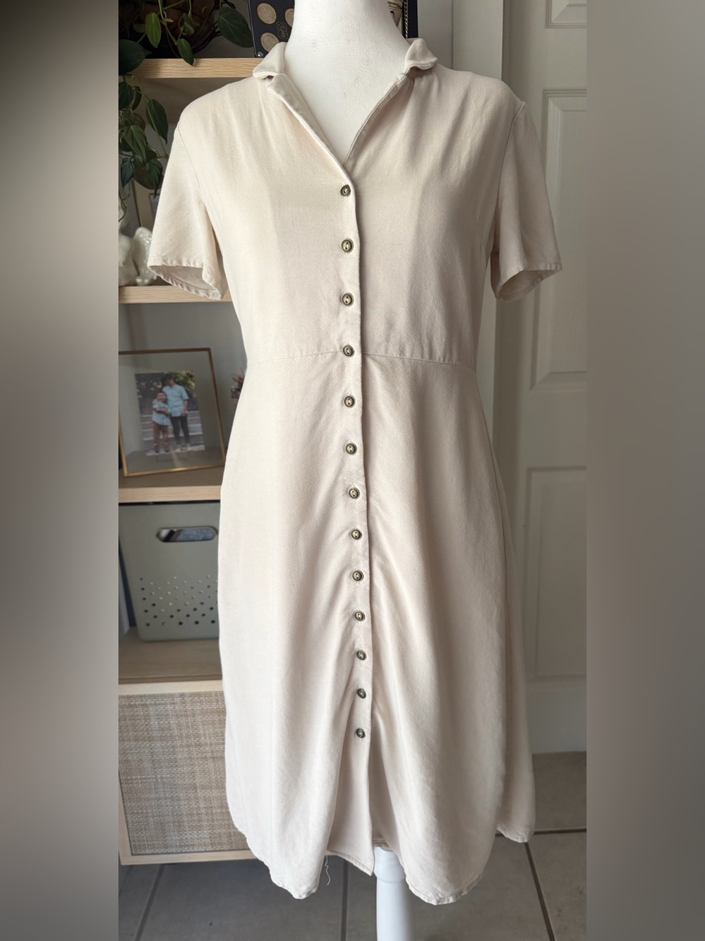 STELEN Women’s S Cream Rayon Midi Shirt Dress Button Front Collared Lined